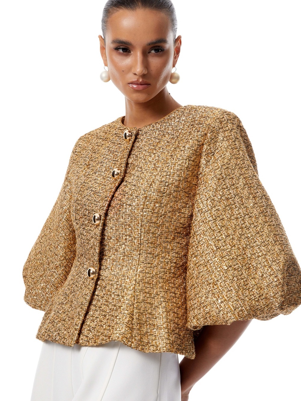Miss Rosier Gold Metallic Tweed Sequin Puff Sleeve Jacket Small